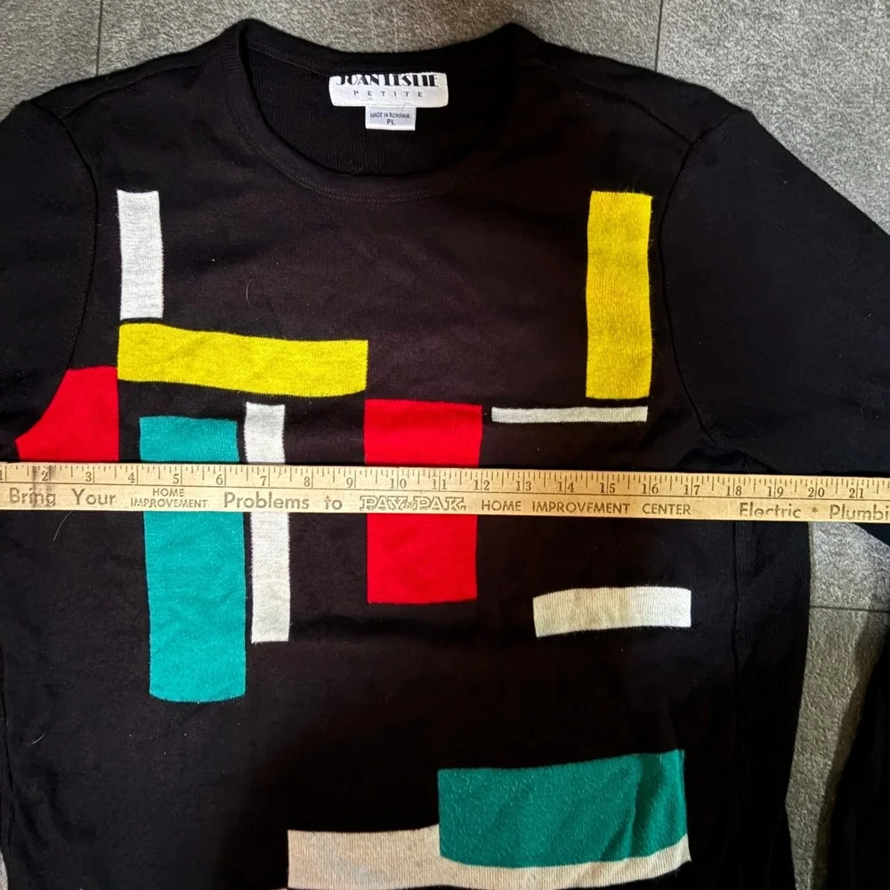 Joan Leslie Petite Black Geometric Intarsia Knit Long Sleeve Top Size PL
